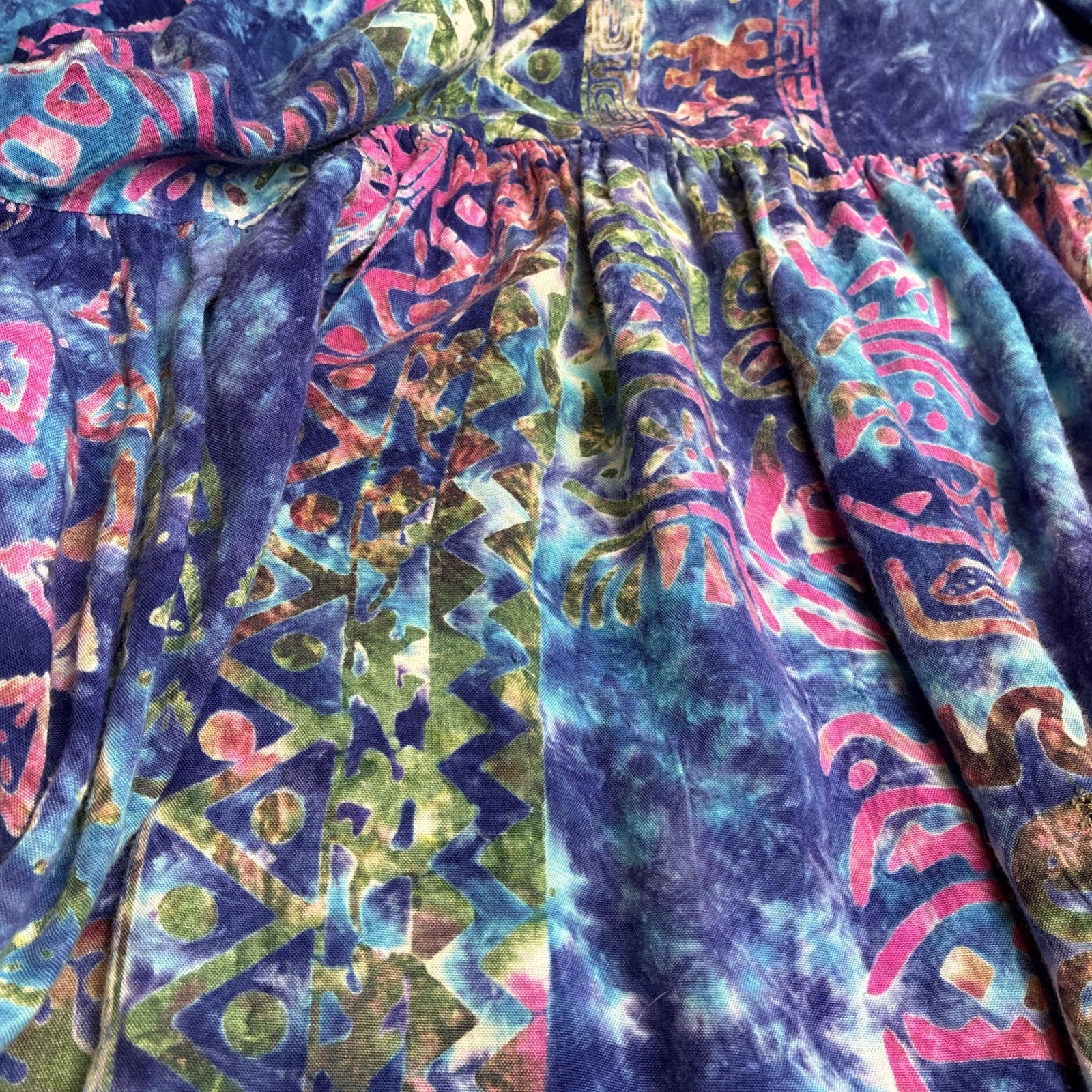 Batik Tie Dye Babydoll Mini Dress Tunic Blue Purple Flowy Boho Vtg Pockets S M 8