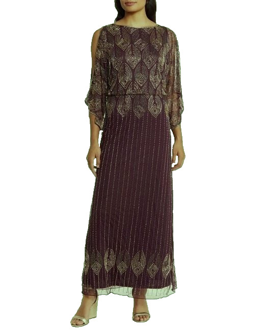 Pisarro Nights Wine Dark Purple Beaded Cold Shoulder Blouson Dress Size 10 $258