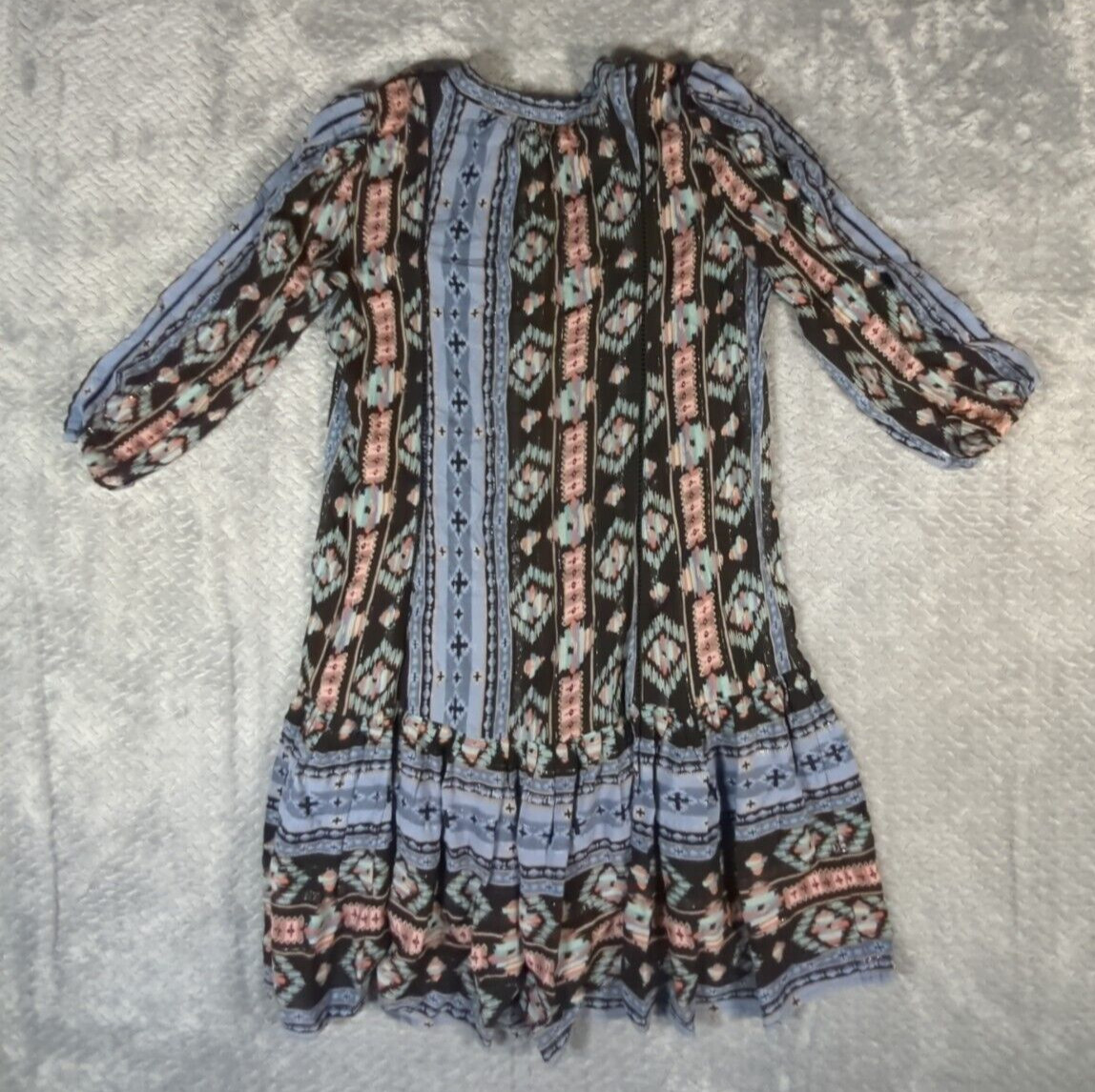 Holding Horses Anthropology Women’s Southwest Print Dress Ruffle Tassles XS Blue