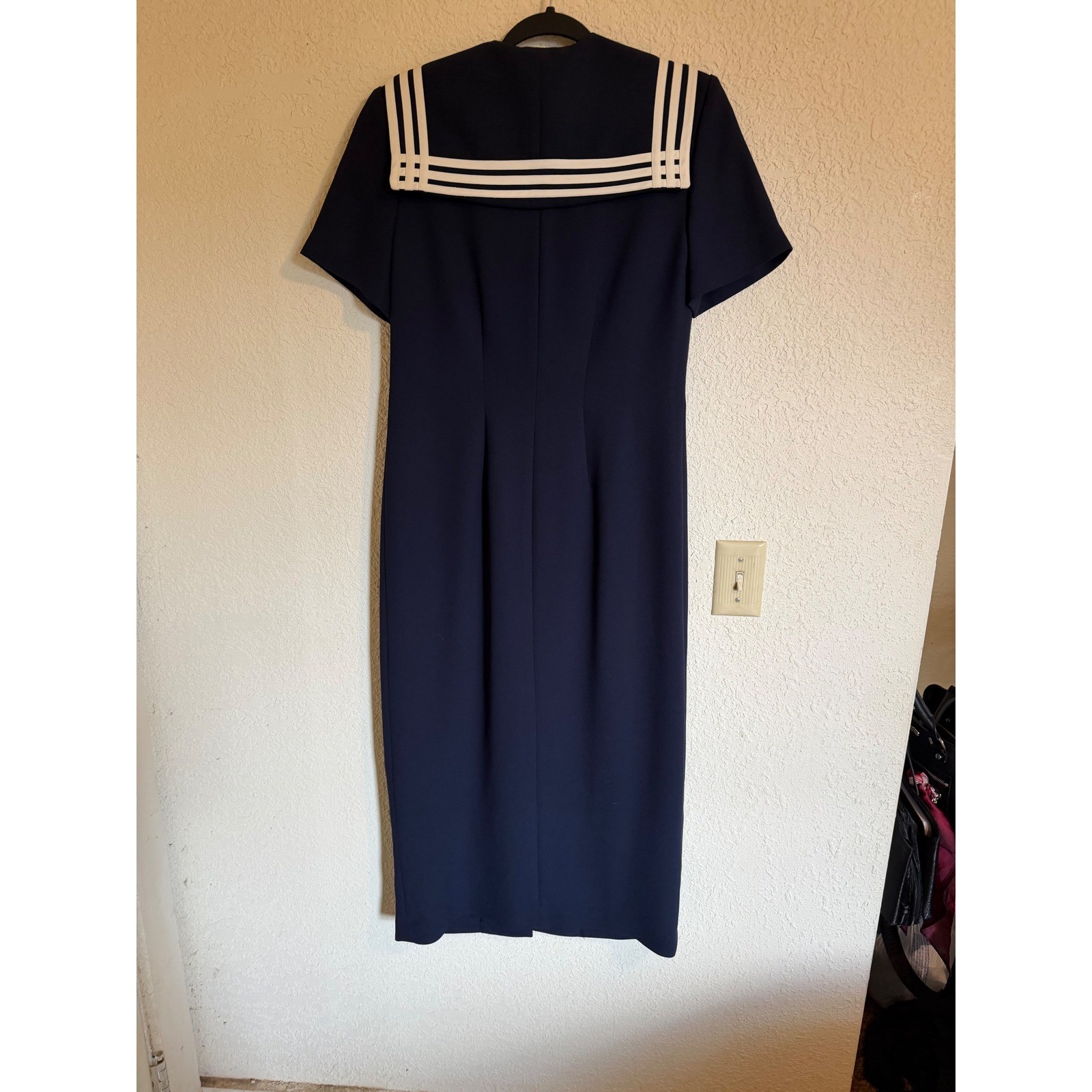 Amanda Smith Navy Blue Nautical Sailor Maxi Dress White Striped Collar Size 8