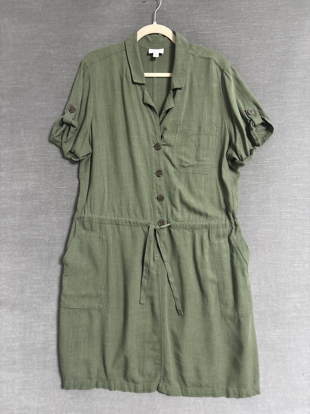 J Jill Shirt Dress L Green Linen Rayon Button Pockets Casual Utility Summer