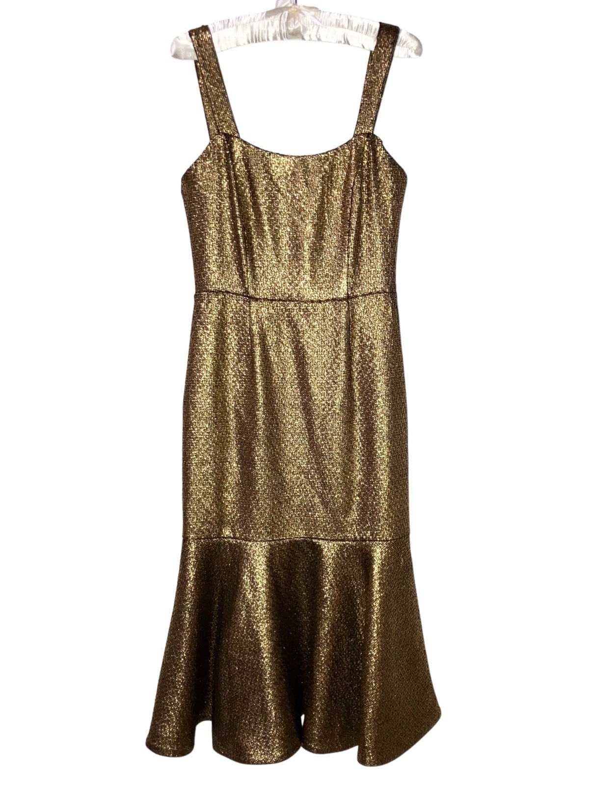 MESTIZA Jody Gold Metallic Tweed Square Neck Flutter Hem Midi Dress Sz 4 NWT