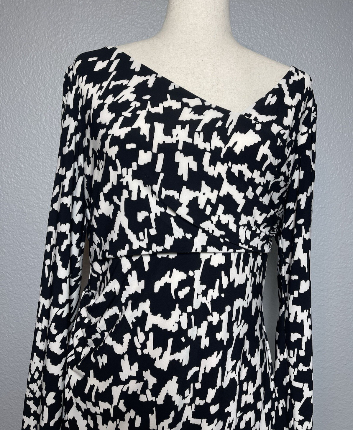 Ralph Lauren NWOT long sleeve black white geometric wrap dress sz 14 designer