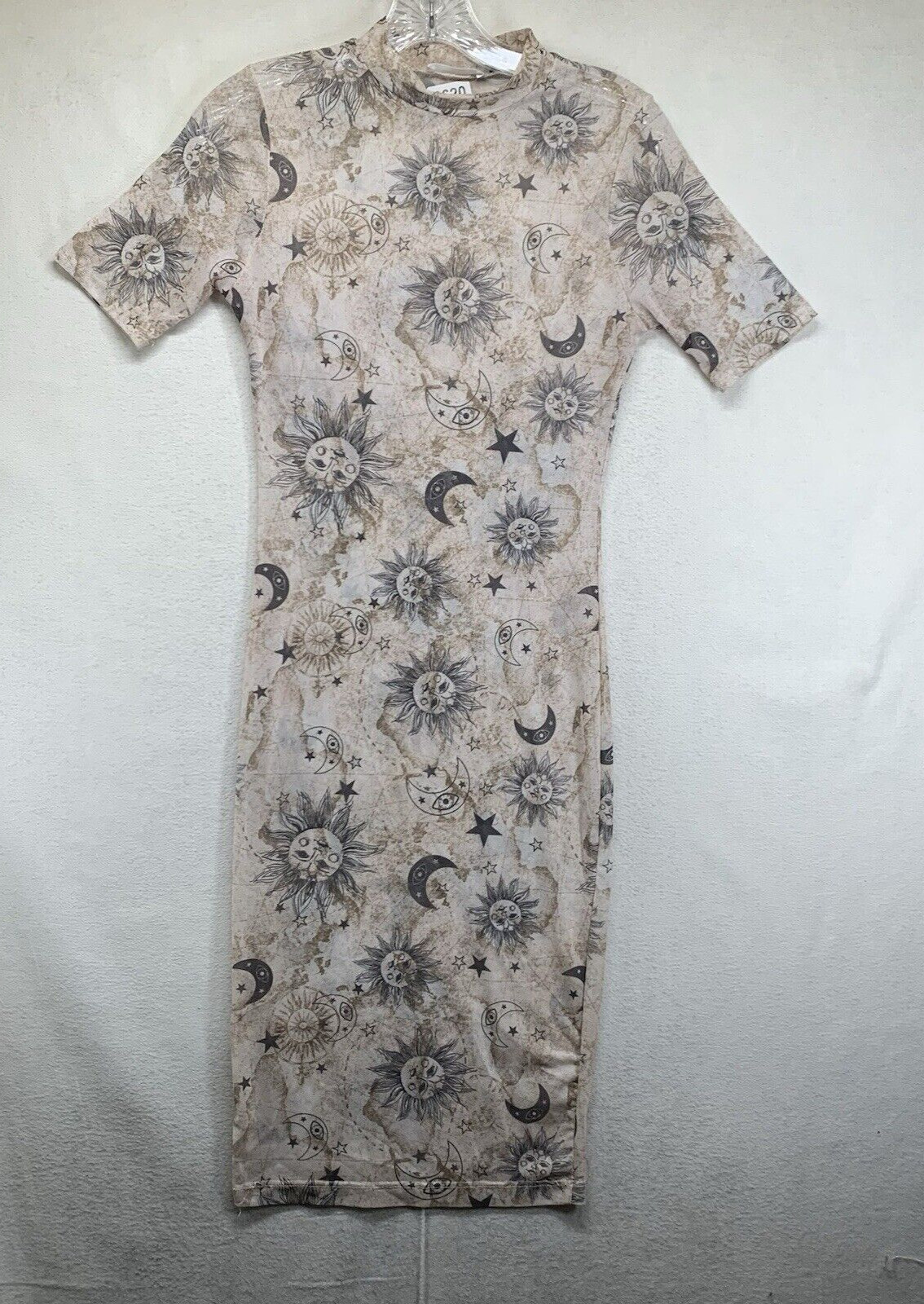 Women’s Sheer Dress XS All Over Moon & Sun Graphic Sexy Earthy 30 in Bust Mock