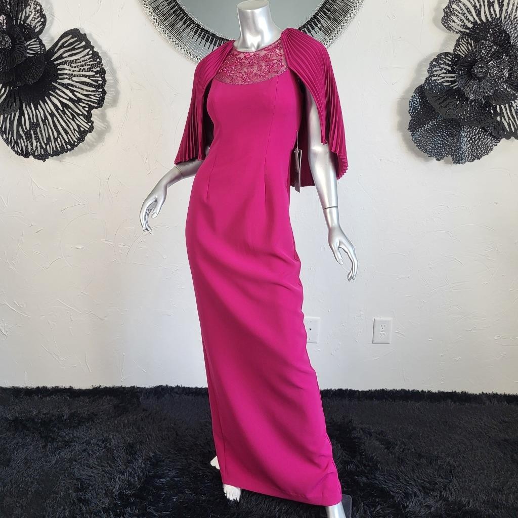 NWT~$835~THEIA~2/4~RASPBERRY PINK RHINESTONE EMBELLISHED CAPE GOWN MAXI DRESS