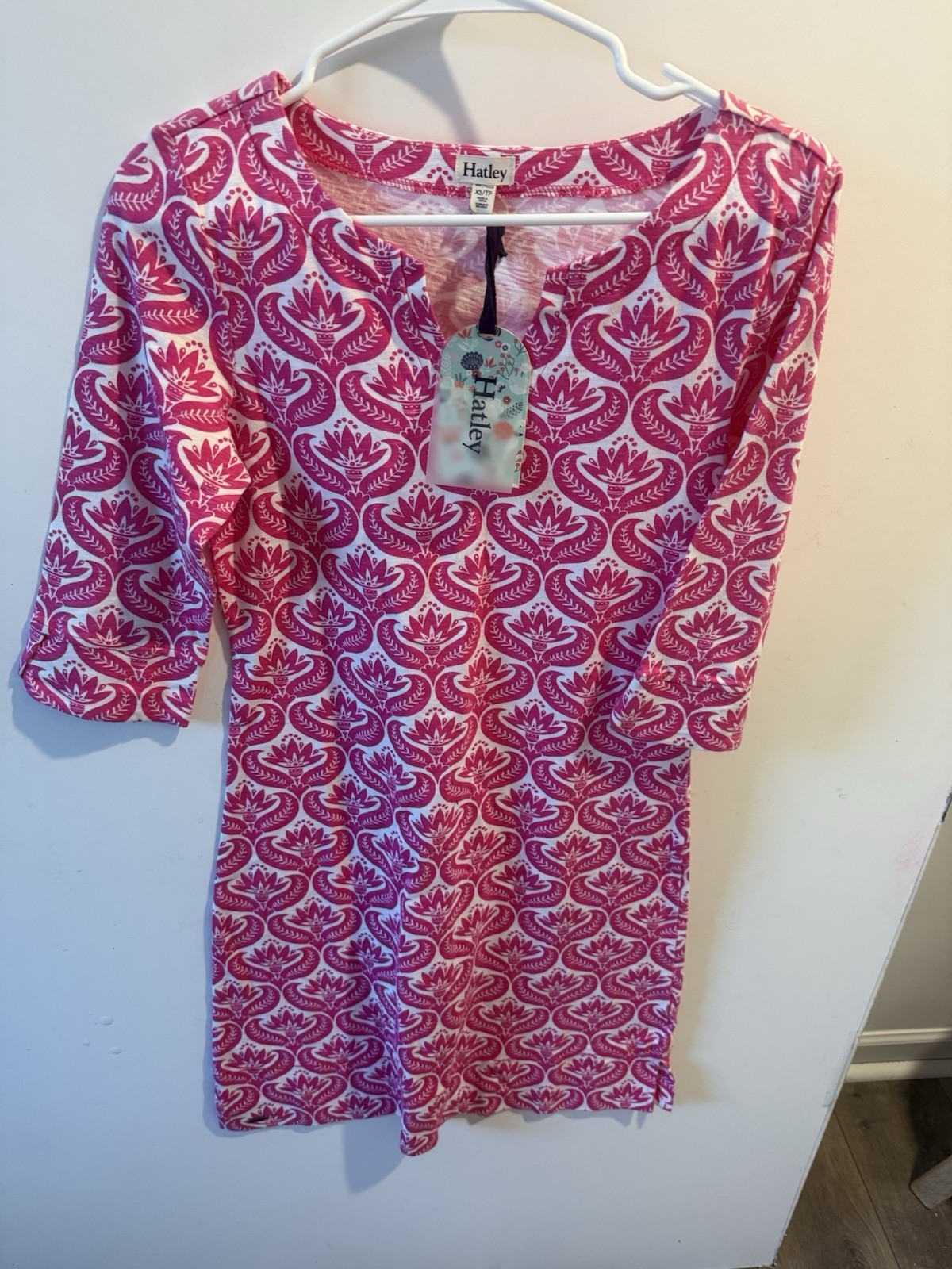 Hatley Floral Shift Dress XS Pink/White Cotton Knit Scoop Neck 3/4 Sleeve