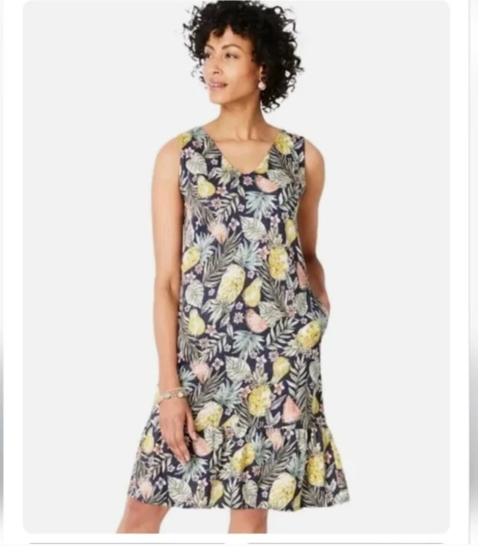 J. Jill Flounced Hem Double V-Neck Knit Summer Mini Dress in Fruit Pattern