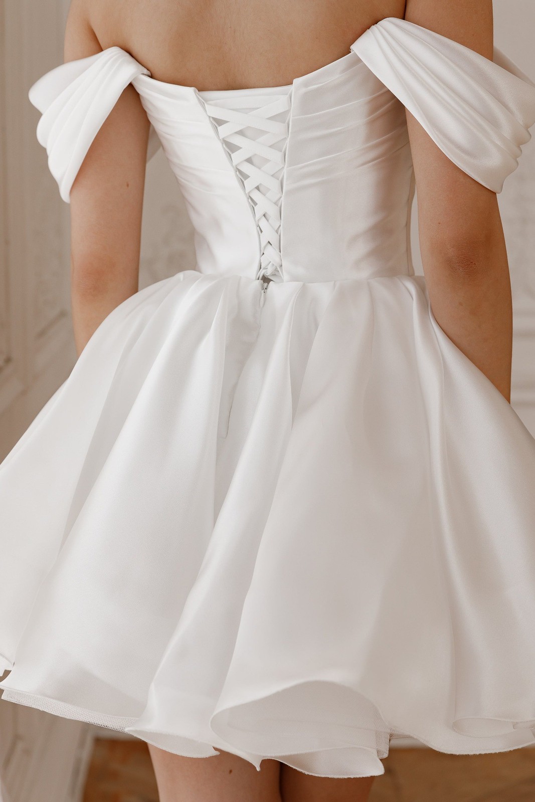 Off Shoulder Draped Mini Dress Pleated Bodice Ruffle Hem Wedding Party GownWhite
