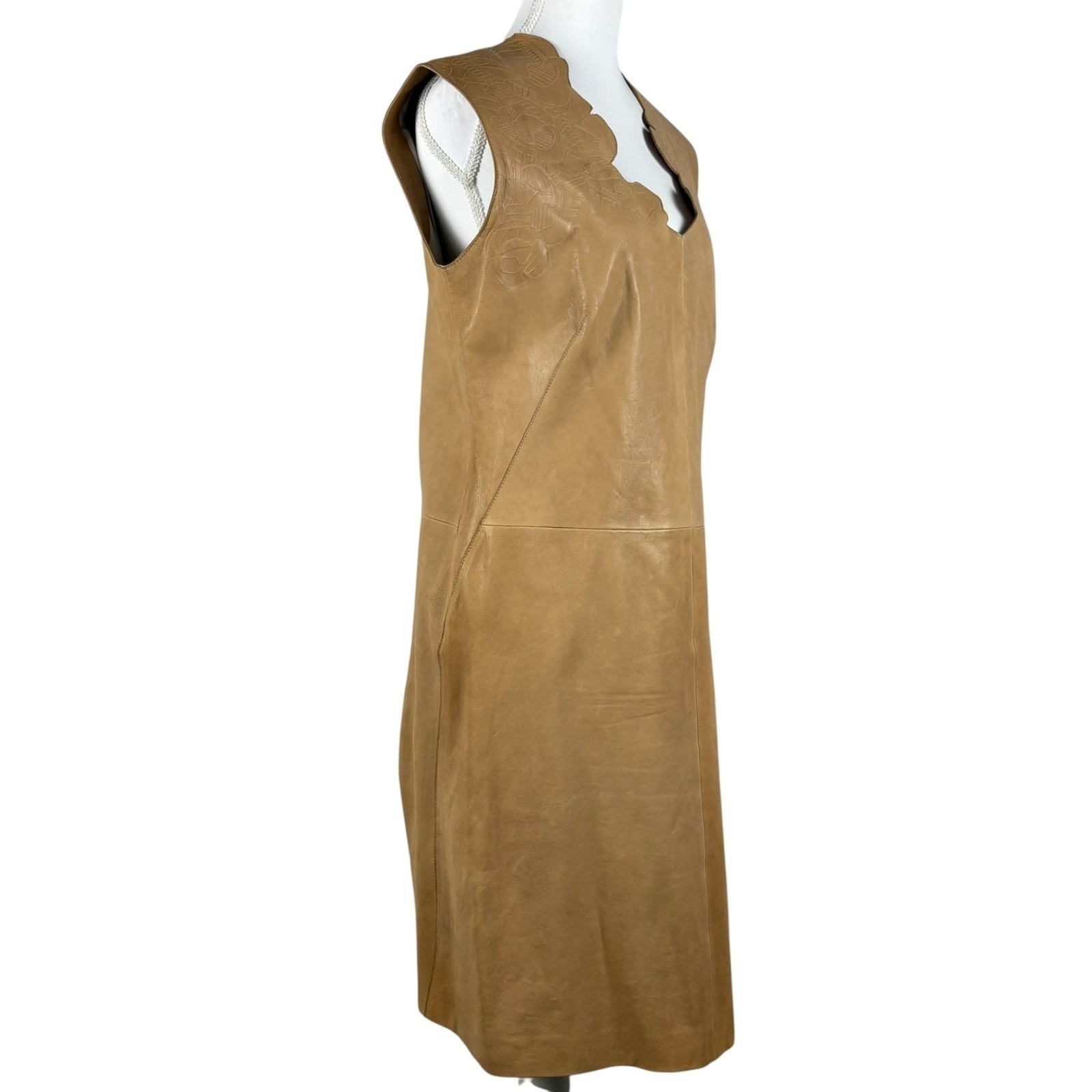 Escada Leather Sleeveless Midi Dress Womens EU 38 US 6 Light Umber Tan Scalloped