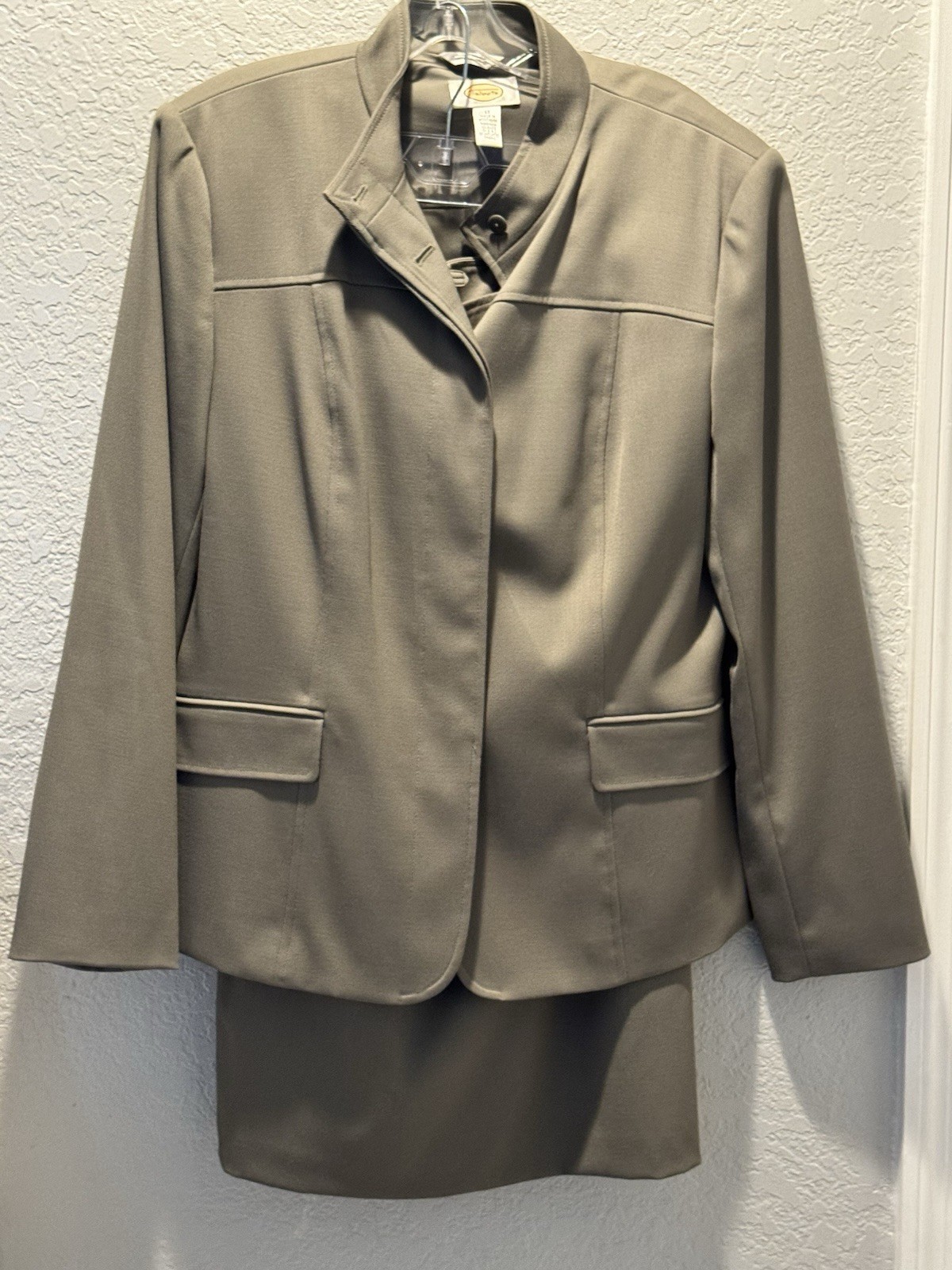 Vtg Talbots 2 Piece Skirt & Jacket Set 12P Olive Green Career Workwear Suit USA