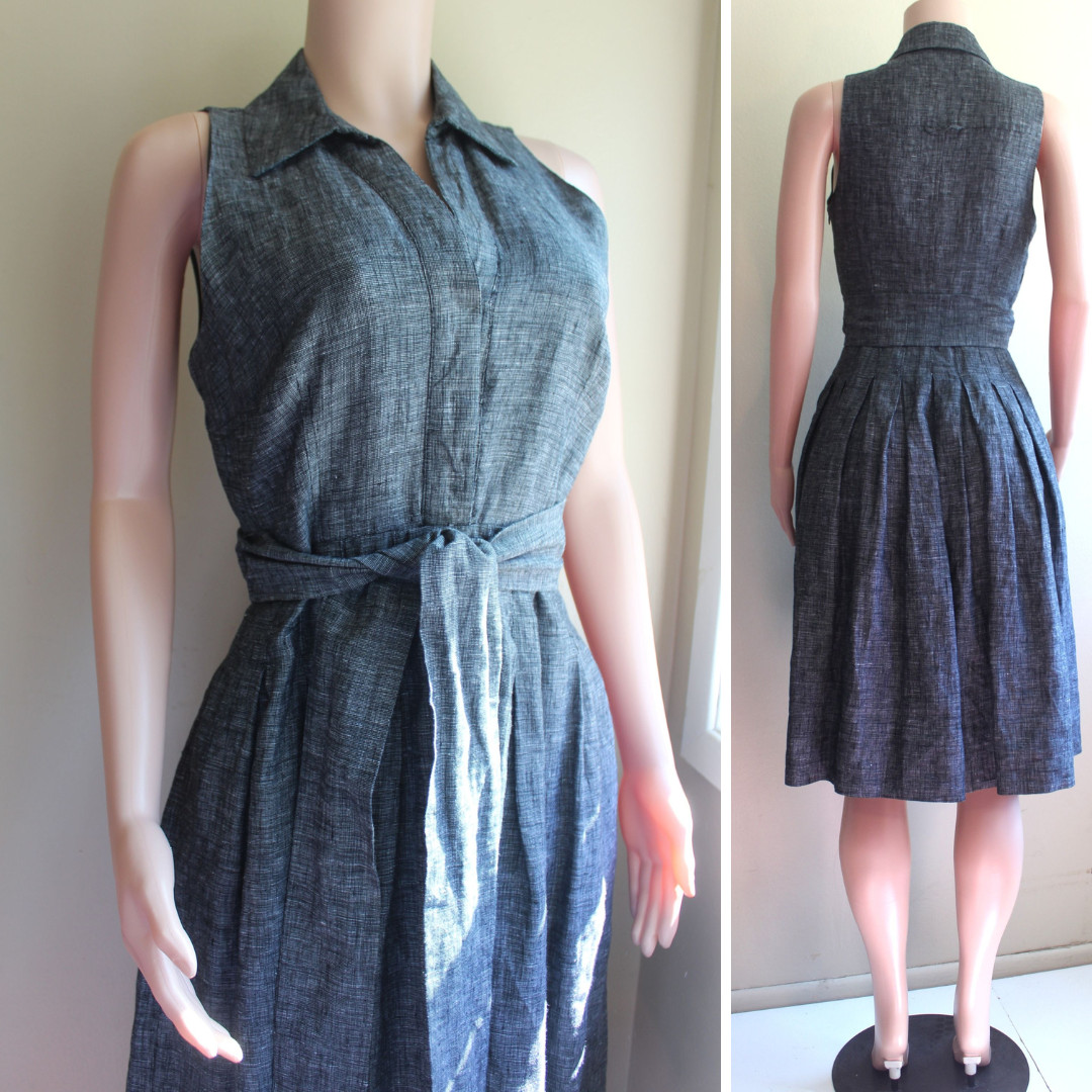 Carole Little 6 S Fit Flare Dress Gray Linen Retro 50s Sleeveless Tie Waist