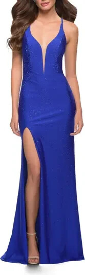 La Femme Royal Blue Rhinestone Plunge Neck Cross Back Gown Size 0 $408 Prom