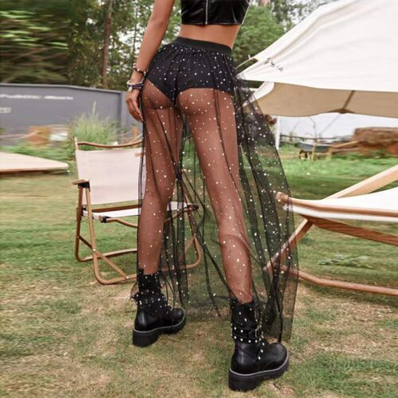 Womens Nightclub Sexy Perspective Pleated Lace Wrap Hip Mesh High Waist Skirt
