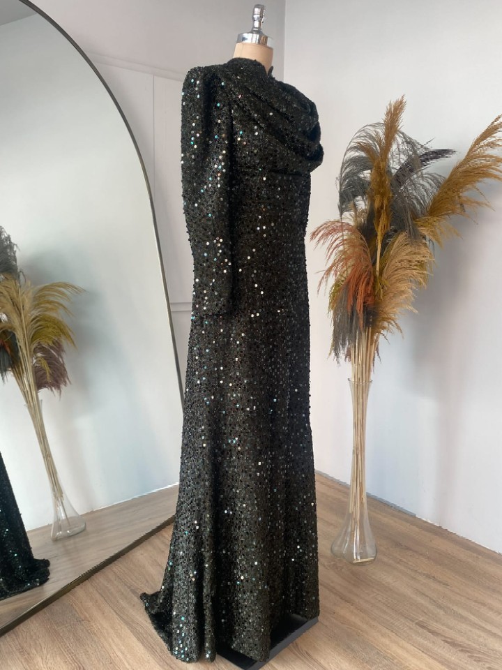 BNWT Lavienza Long Sequin Maxi Dress Ball Gown In Dark Olive Green Size UK 12