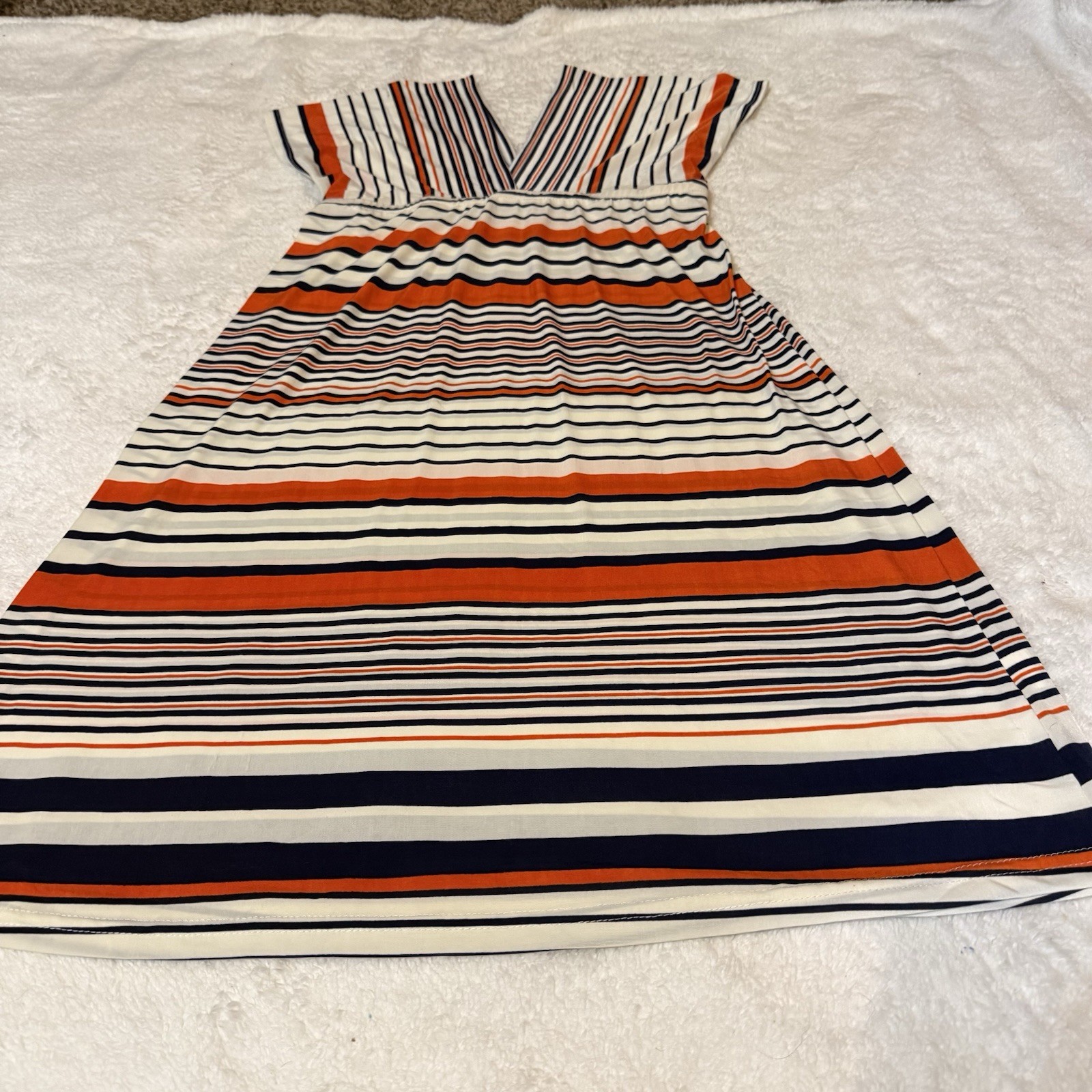 Second Skin NYC Striped V-Neck Midi Dress – Orange, Navy, White Size Large