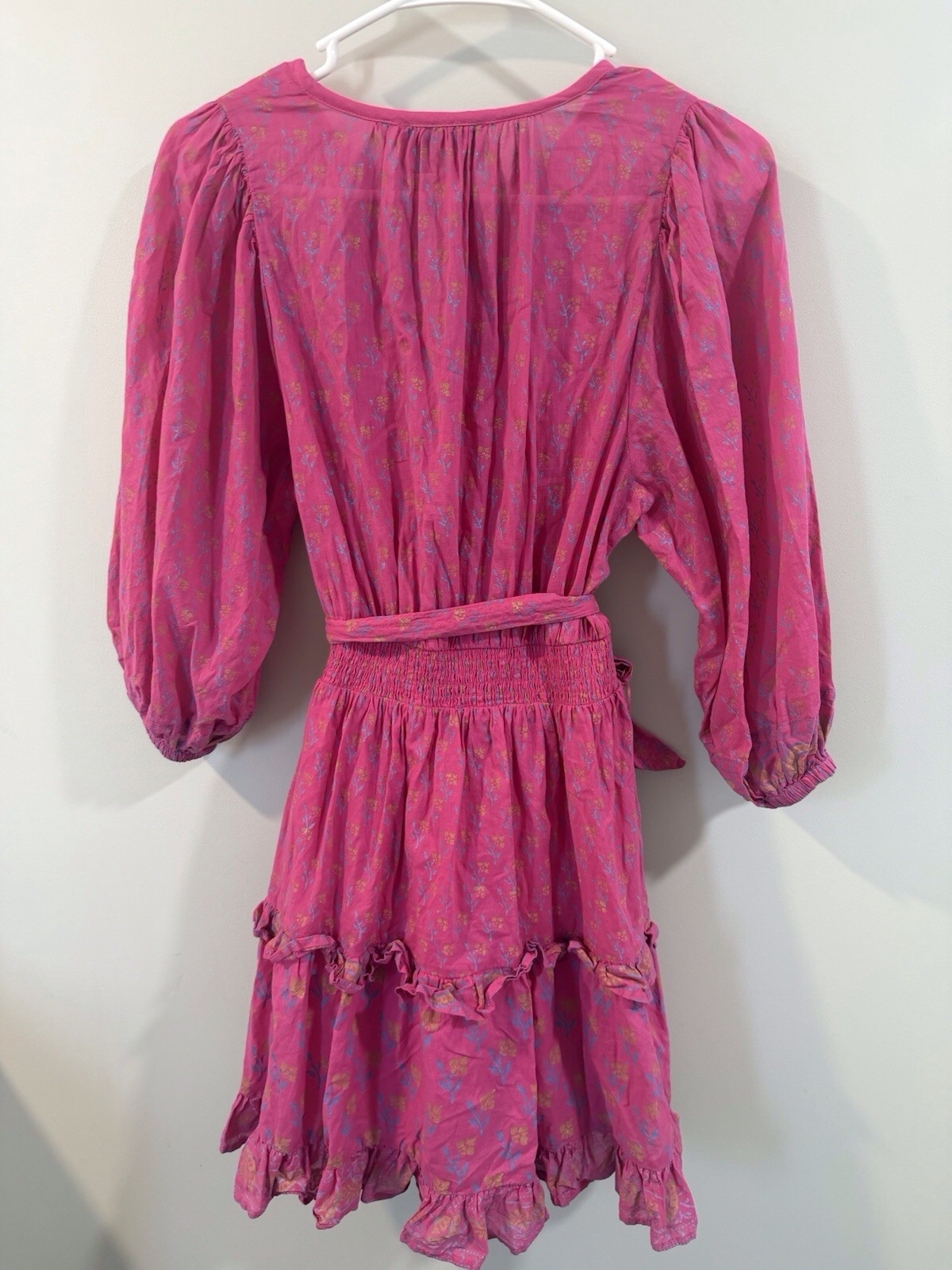 Cleobella Hot Pink Ruffle Boho Flower Print Dress Organic Cotton Size Small