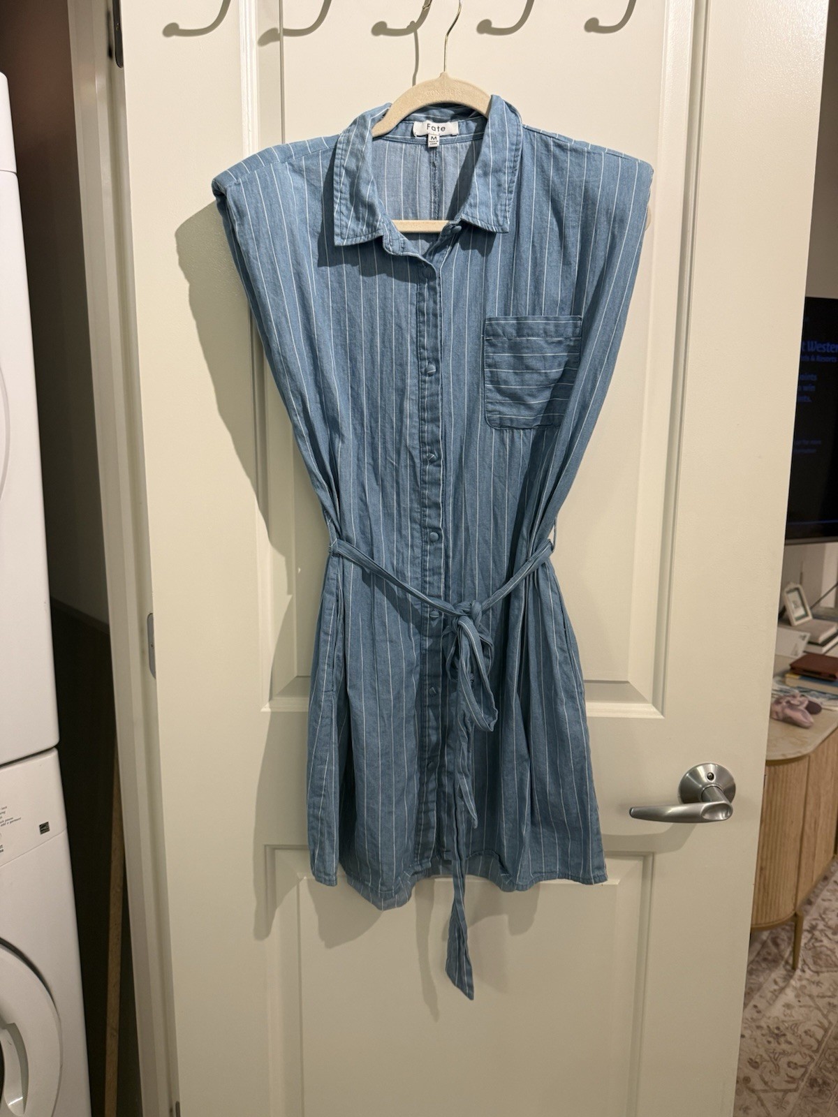Fate Blue White Striped Collared Sleeveless Shirt Dress Button Belted Short M