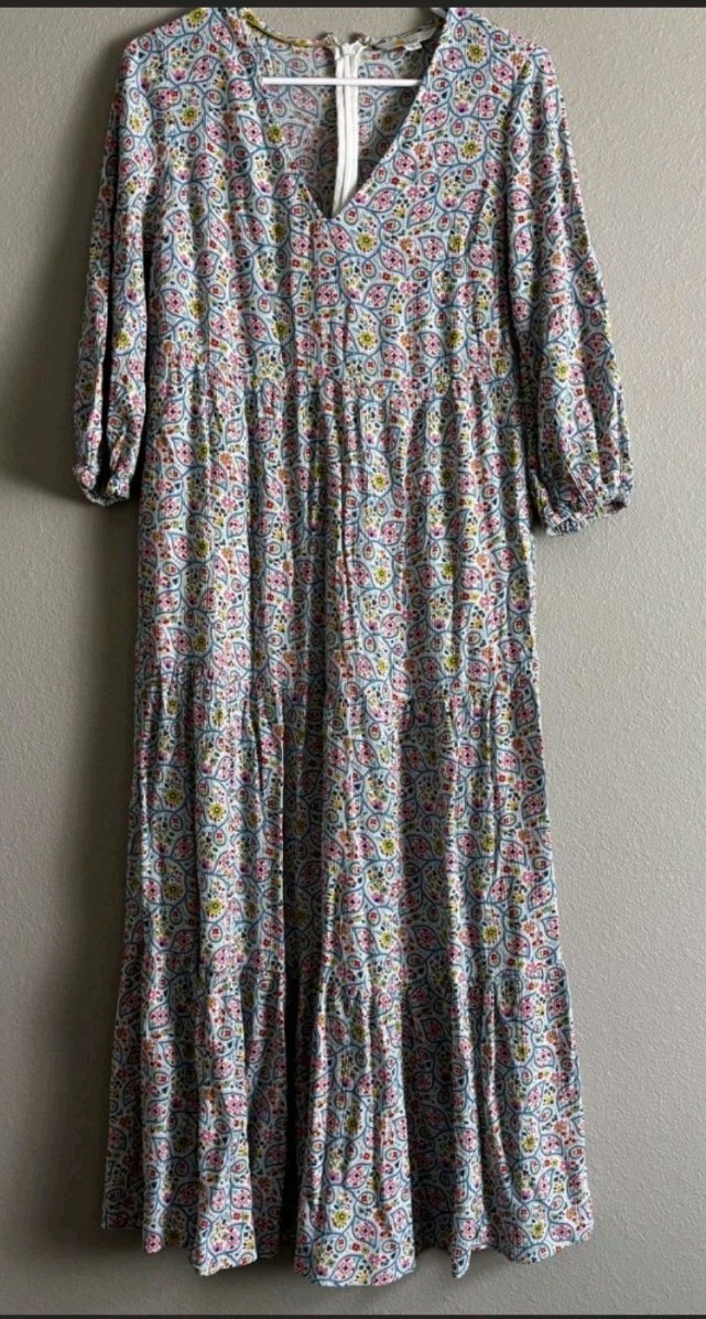 Boden Maxi Tiered V-Neck 3/4 Sleeve Dress Multicolor Boho Chic Sz 6P