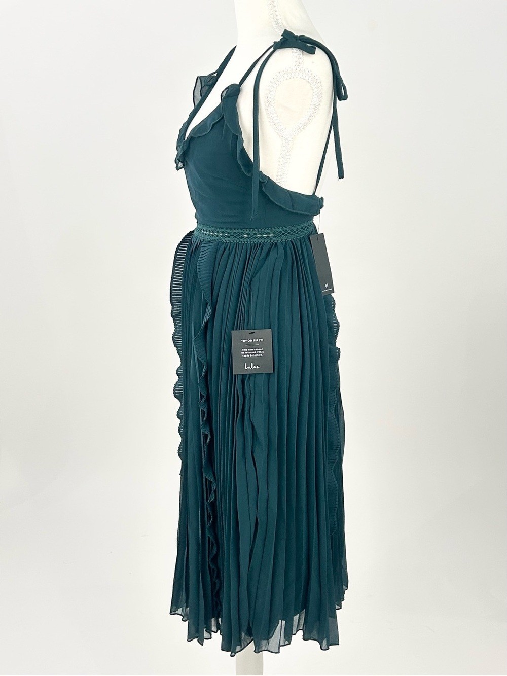 Lulus NWT Teal Pleated Chiffon Midi Dress Ruffle Tie Strap Cottagecore XXS