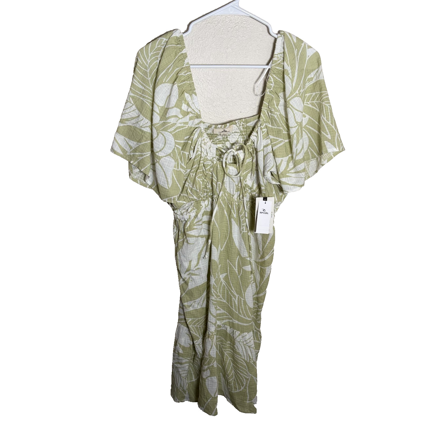 Rip Curl Dress Women’s Large Green Smocked Tie Front Summer Resort Beach Top NWT