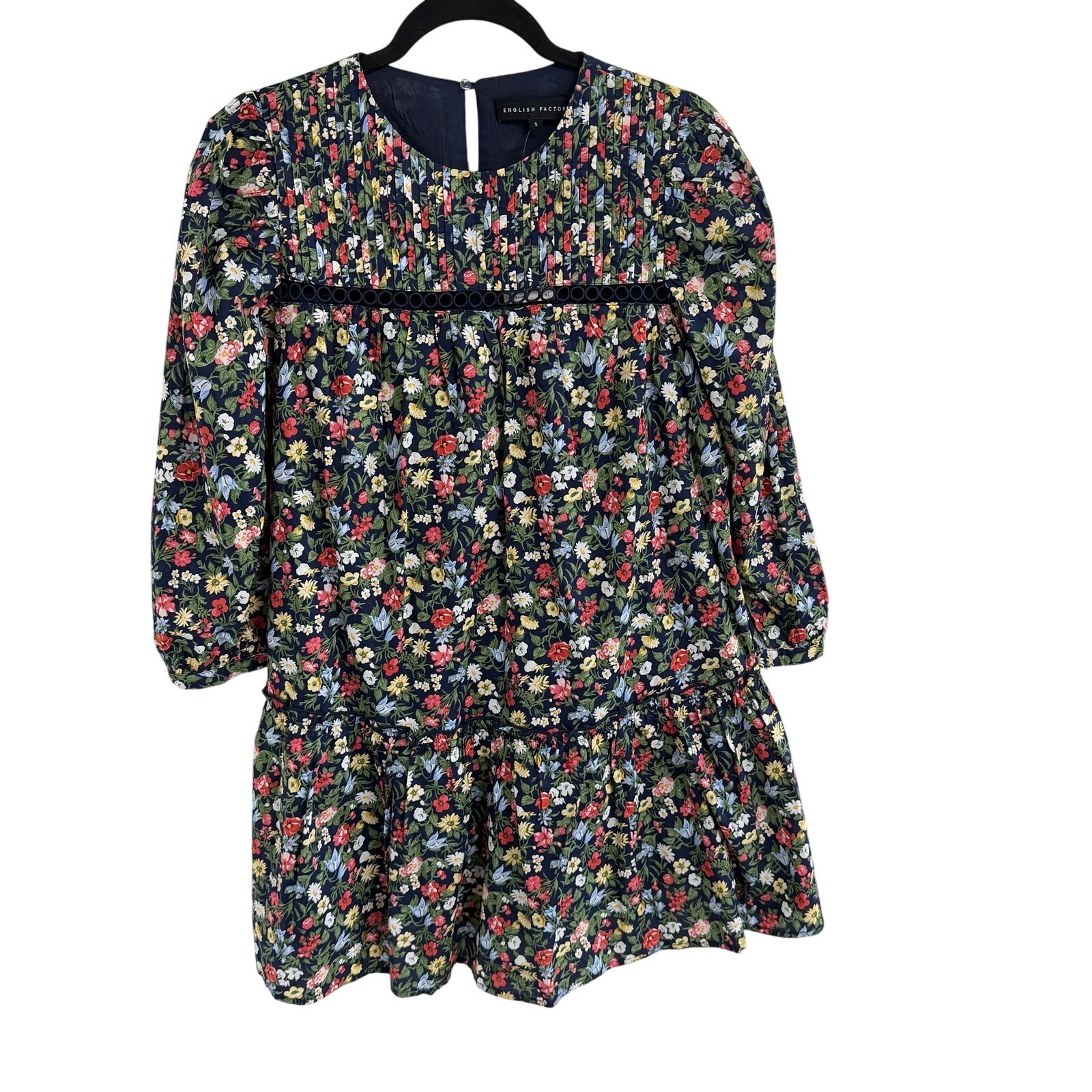 NWT English Factory Navy Multi Floral Print Pintuck Mini Dress Womens Small