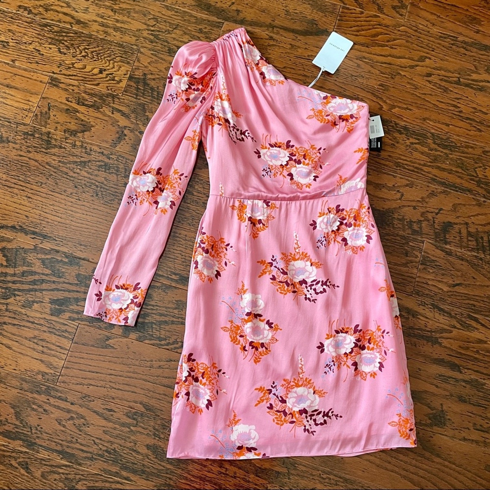 NWT Les Reveries One-Sleeve Matte Satin Dress in Pink Gardenia – $425 Retail