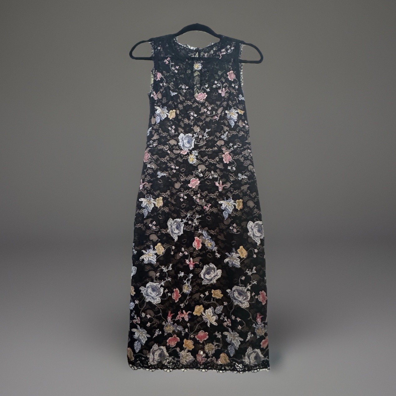 BCBGMaxazria Black Lace Bodycon Dress | Diame |Floral Embroidery | Dark Romance