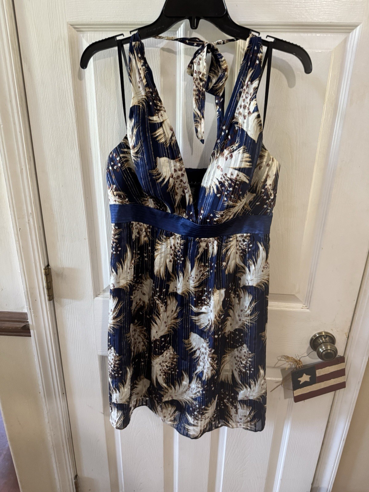 Halter Dress Blue-Cream Gold Metallic Colors Size 8 by Shellie Seagull