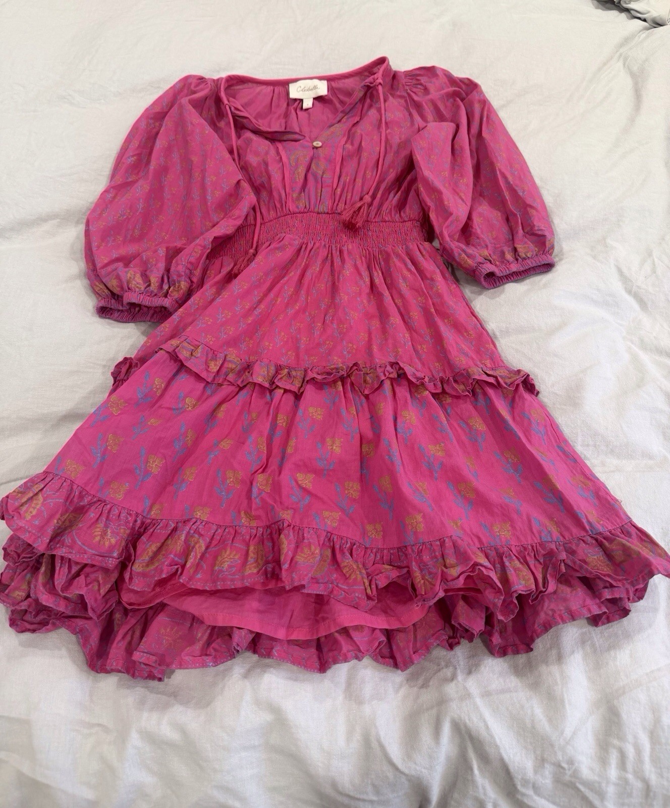 Cleobella Hot Pink Ruffle Boho Flower Print Dress Organic Cotton Size Small