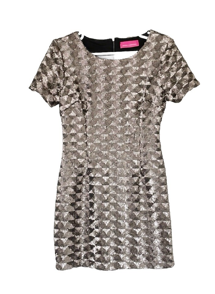 POOKIE & SEBASTIAN dress size M sequins tan silver mini shortsleeve