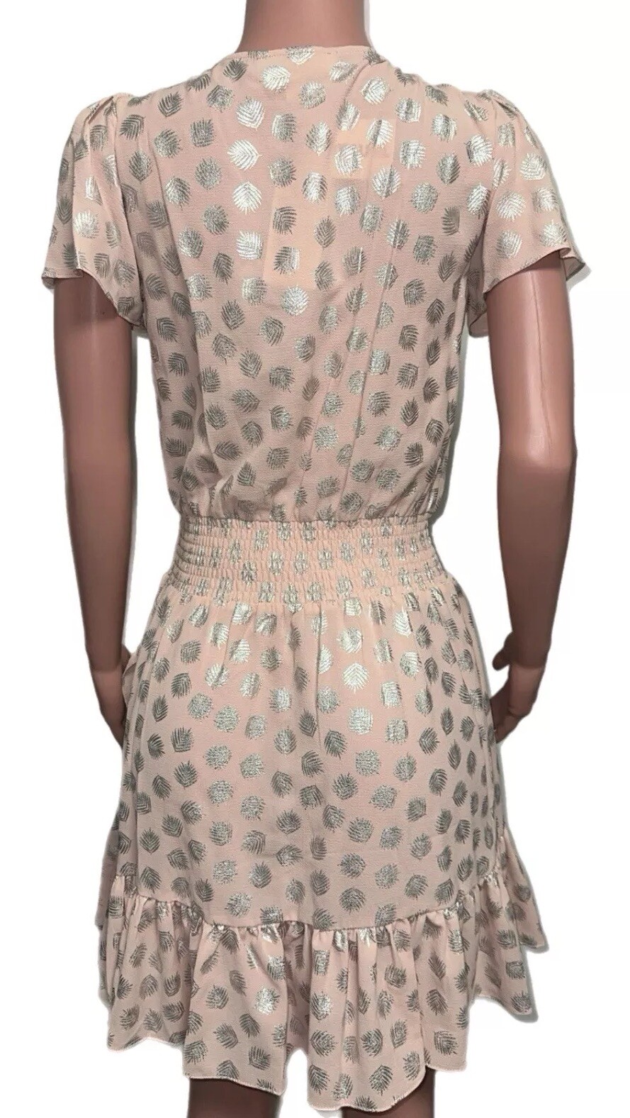 Michael Kors S Wrap Ruffled Flutter Sleeve Smocked Rosewater Silver Print Dress