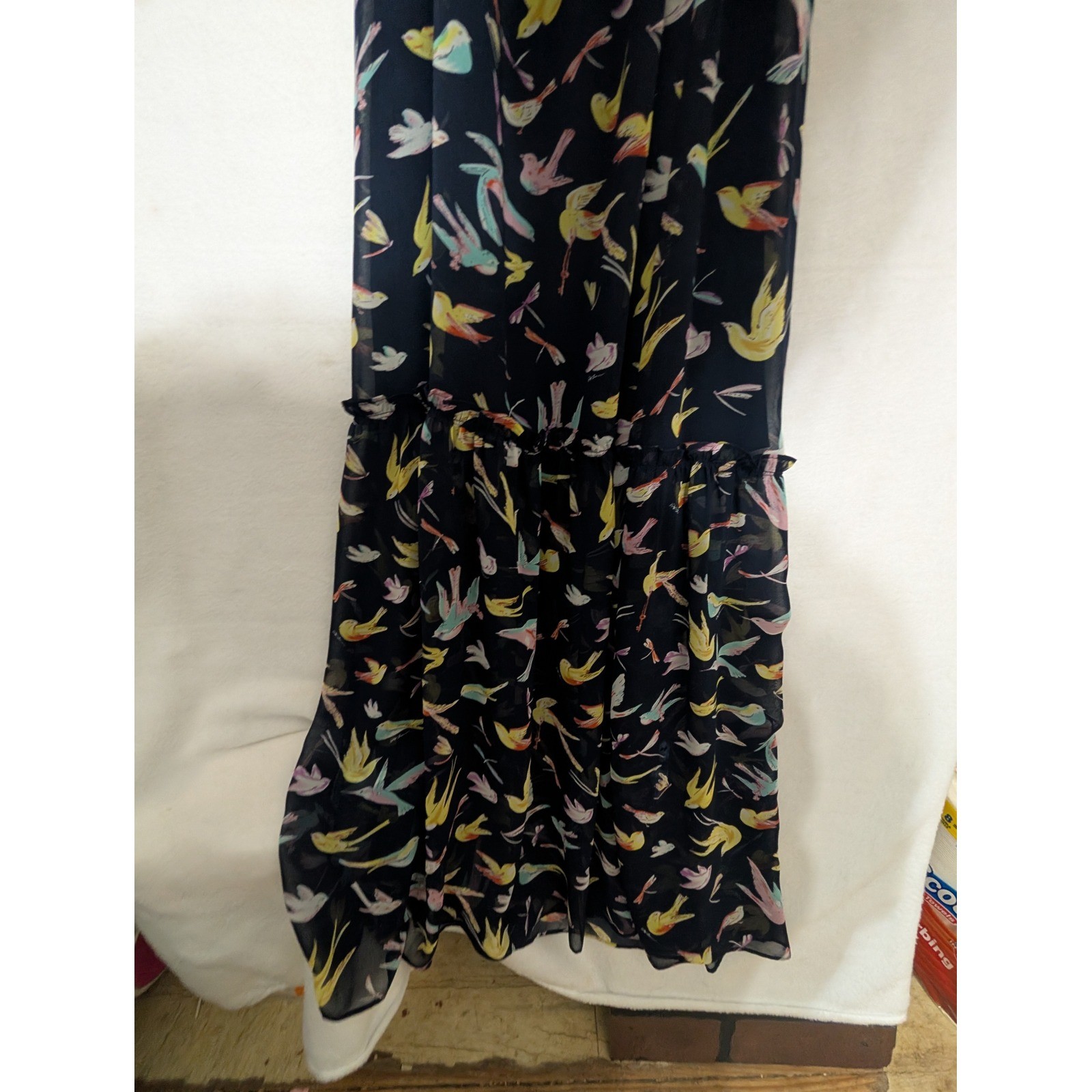 Chelsea & Violet Womens Bird Print Halter Maxi Dress Navy Blue Boho Tassel Small
