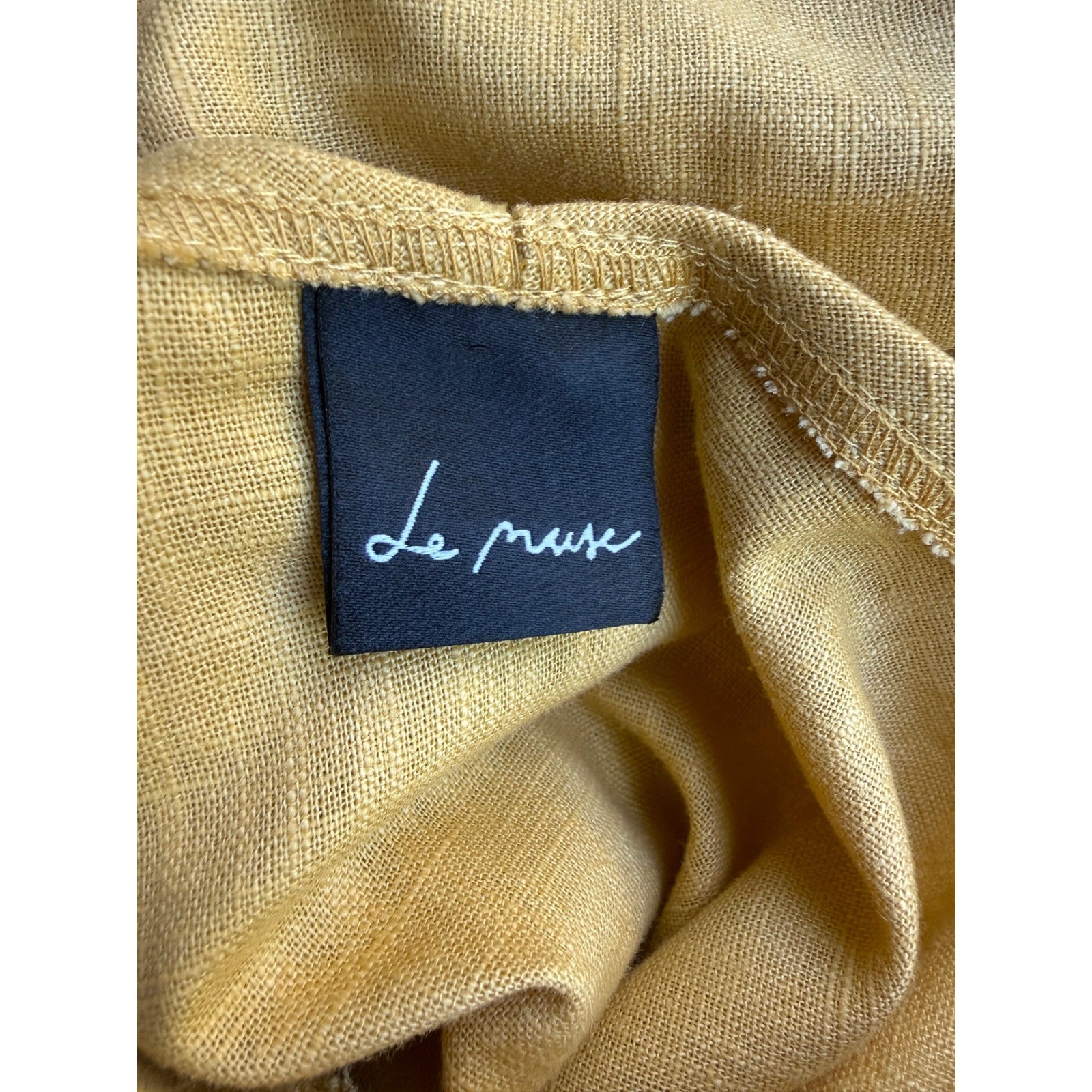 ⁠LeMuse Lithuania Mustard Yellow Linen Cotton Roll Collar Shift Midi Dress M