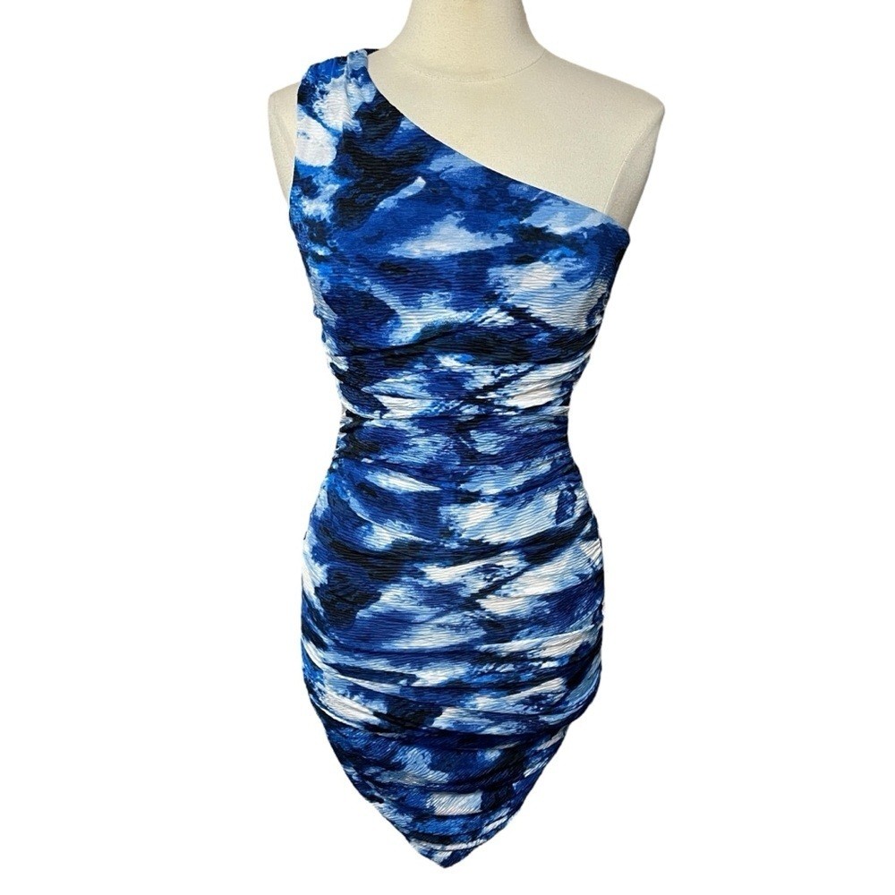 MISCREANTS Blue Tie-Dye One-Shoulder Ruched Mini Dress & Gloves, UK 8