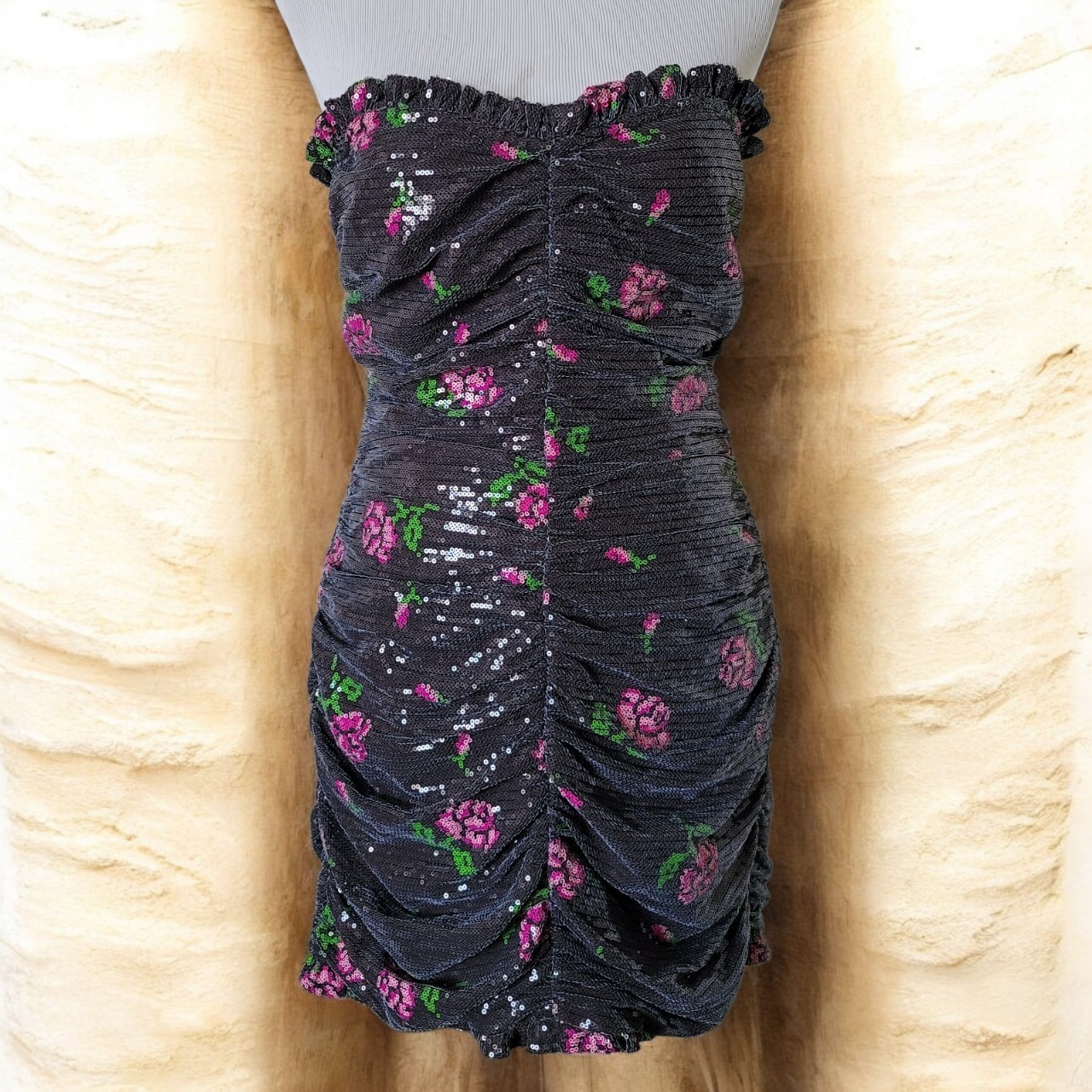 NWT For Love & Lemons Rose Sequin Strapless Ruched Mini Whimsigoth Dress L