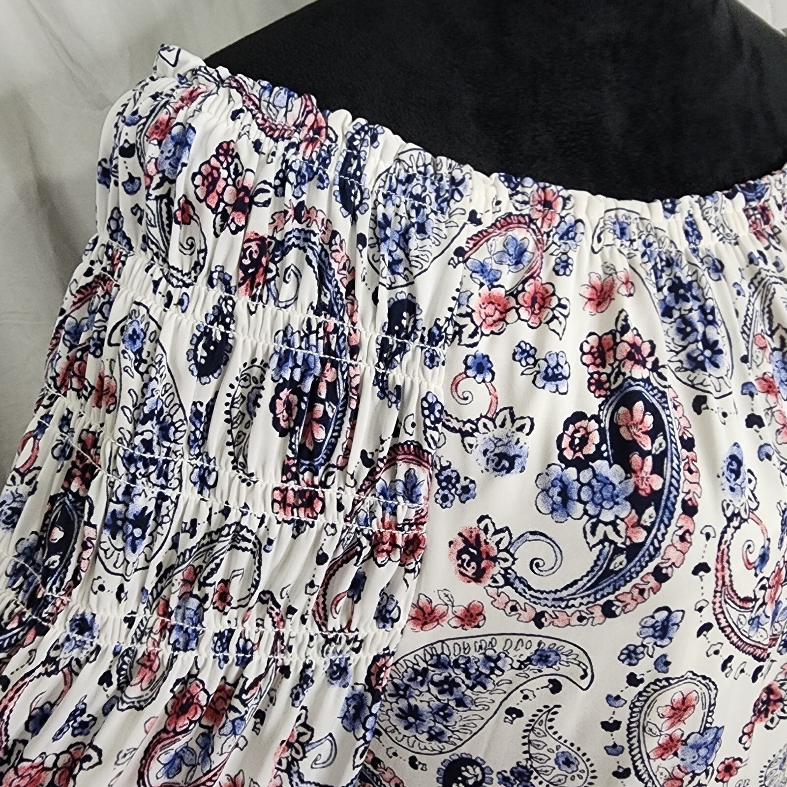 CATO Size Medium Pink Blue Paisley Smocked Off Shoulder Lined Shift Dress Pocket
