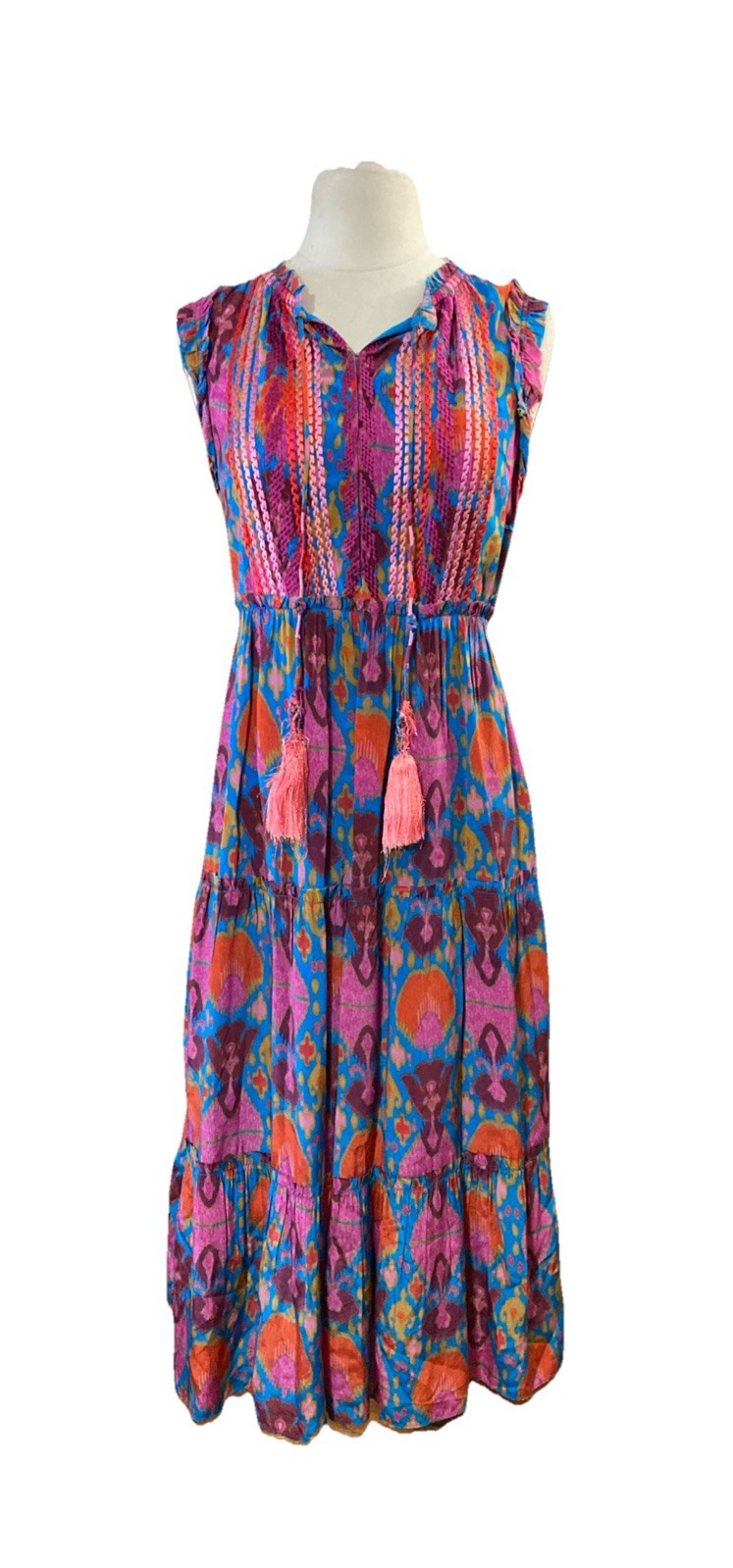 Figue Clara Tiered Midi Dress Sz M Colorful embroidered Boho Cottagecore