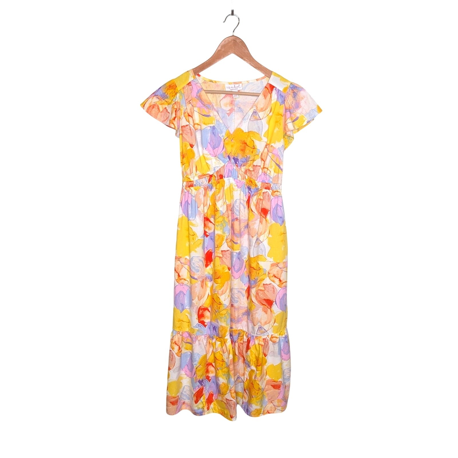 Isabel Maternity by Ingrid & Isabel Flutter Sleeve Midi Dress XS Yellow Floral