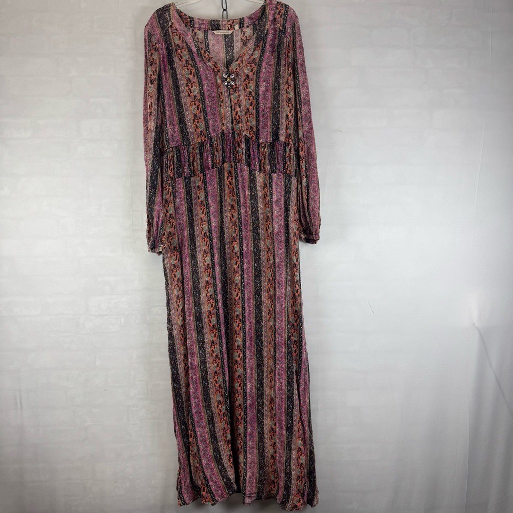 Soft Surroundings Boho Maxi Dress Purple Stripe Embellished Rayon M 2CY56