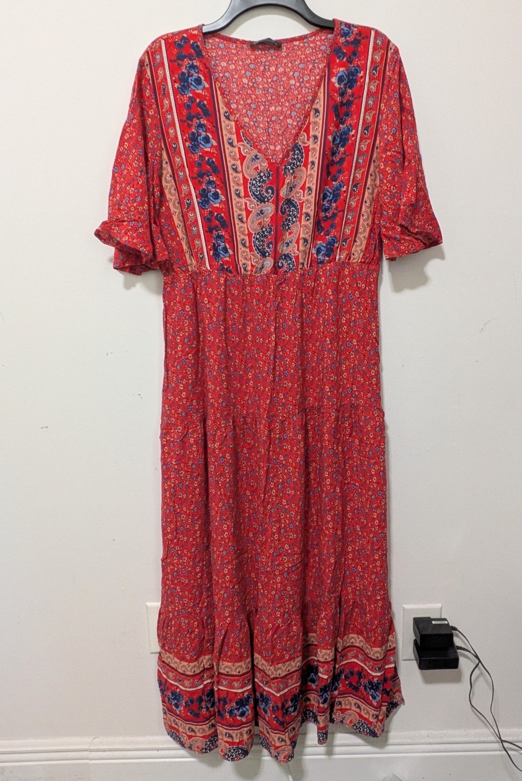 Pretty Garden Red Floral Short Sleeve Maxi Dress XL Cottagecore Boho Feminine