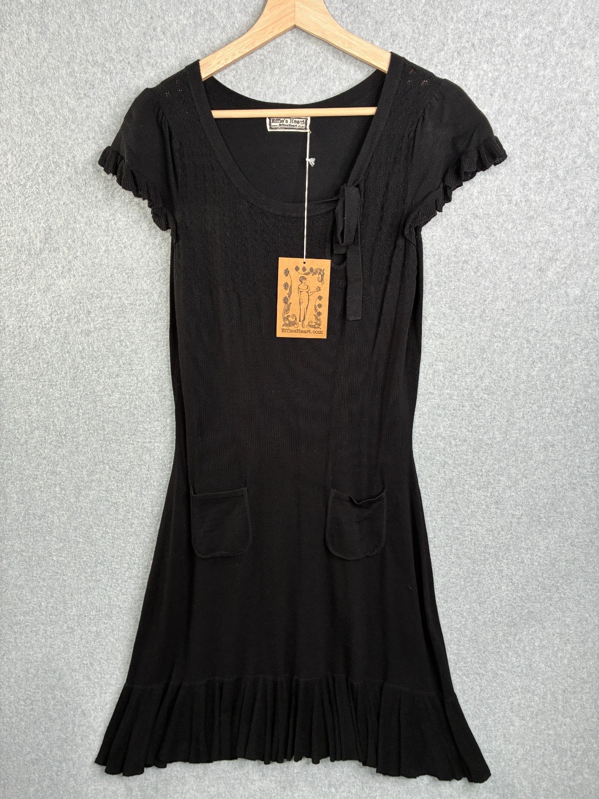 Effie’s Heart Dress Medium Black Myrna Open Knit Bodice Ruffle Ribbed Hem NEW