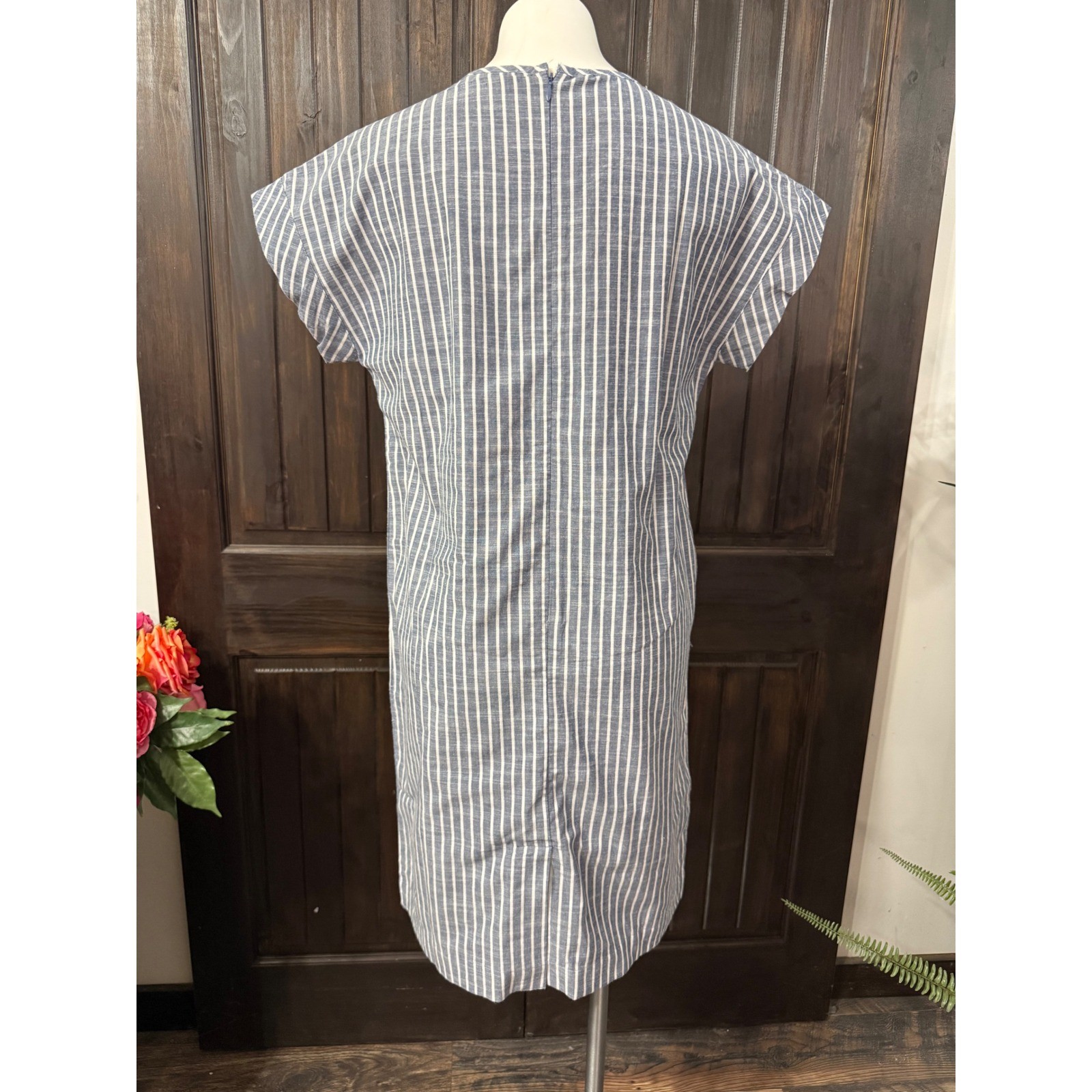Appleseeds Blue White Striped Shift Dress Womens 8 Short Sleeve Pocket