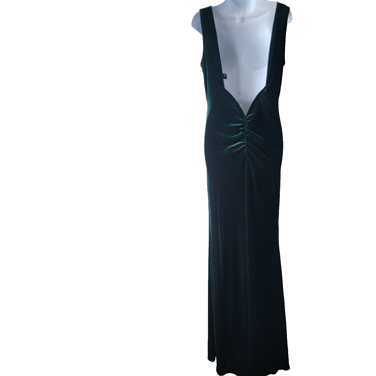 lulus women’s high neck open back maxi dress sz XL side slit hunter green velvet