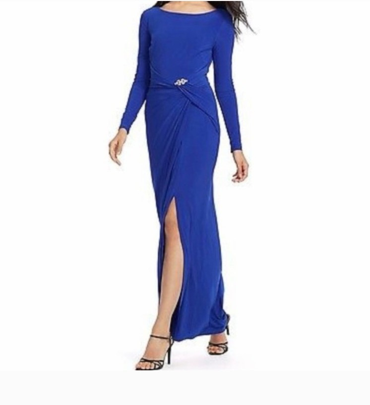 Lauren Ralph Lauren Evening Gown Sz 10 Royal Blue Rhinestone Embellished Ruched