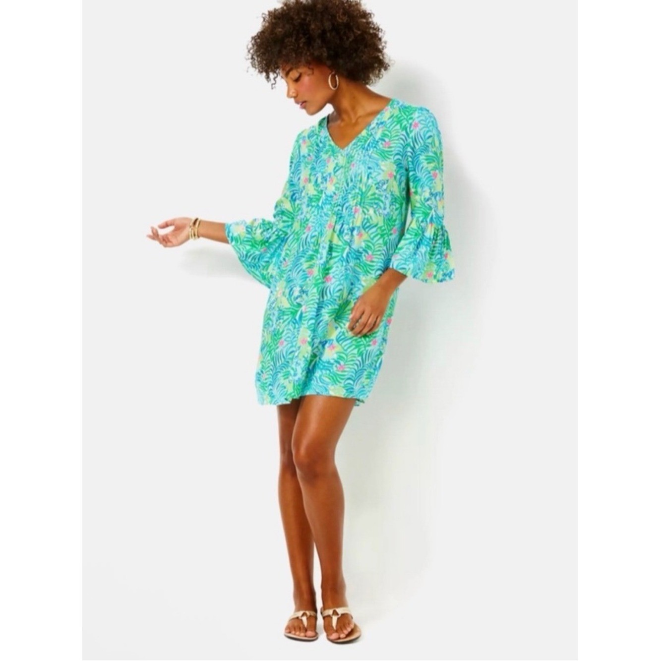 Lilly Pulitzer Danika Tunic Dress Size 10 Green Tropical Bell Sleeve Costal