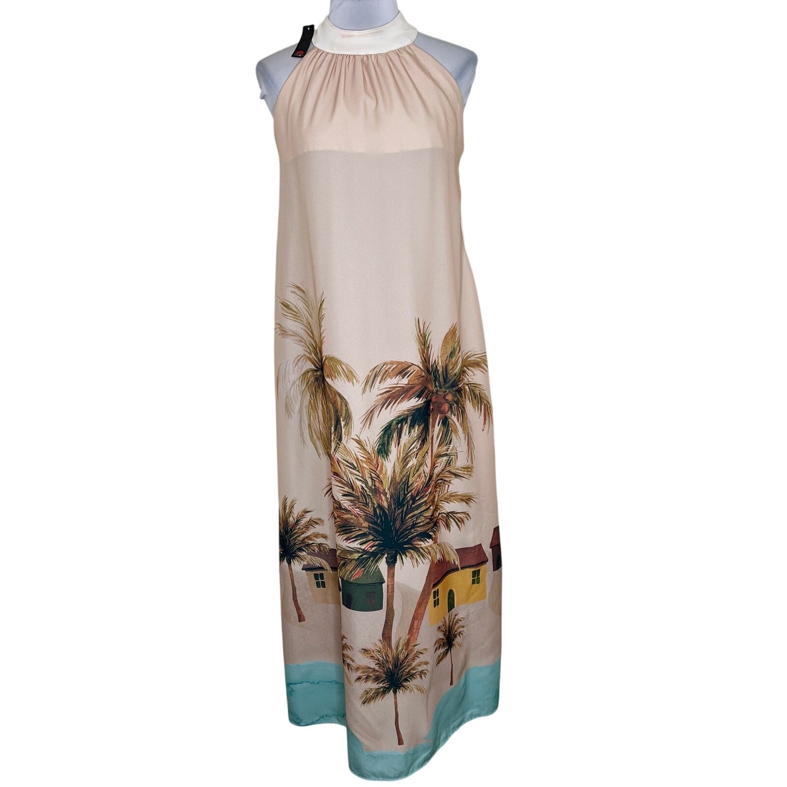 Flora & Cia Maxi Dress Large Artsy Brazil Vacation High Neck Wearable Art Palm