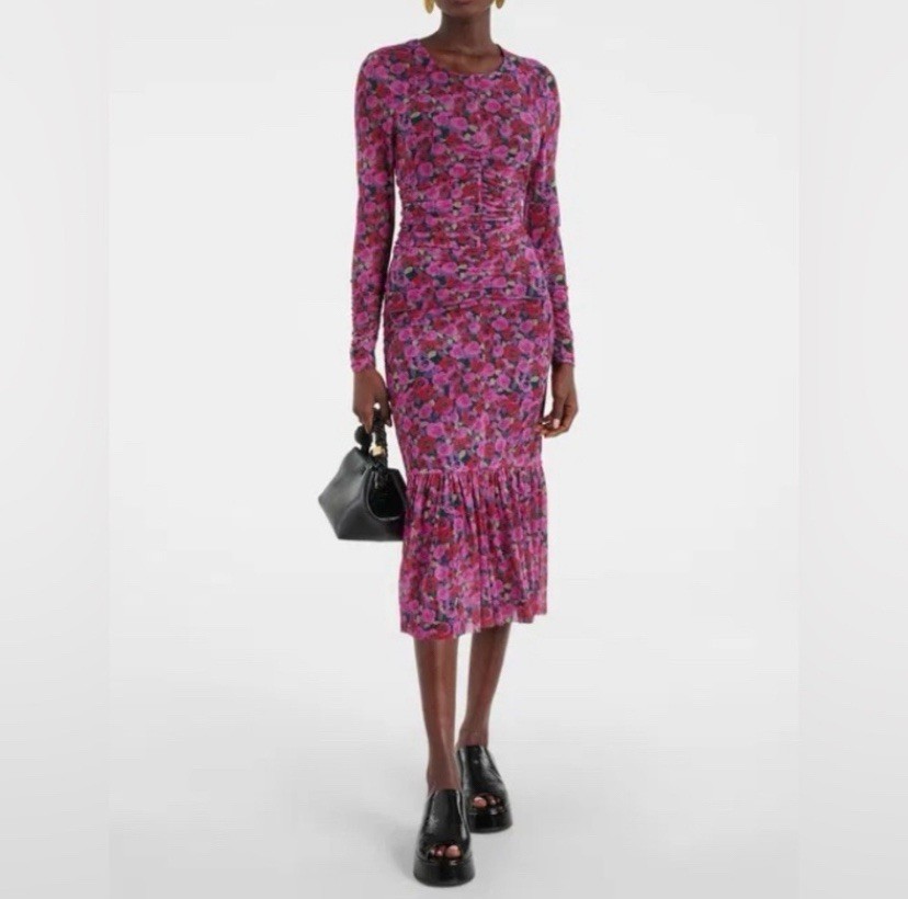 NWT Ganni Floral Ruched Mesh Midi Dress Size 38/US 6 In Fiji Flower