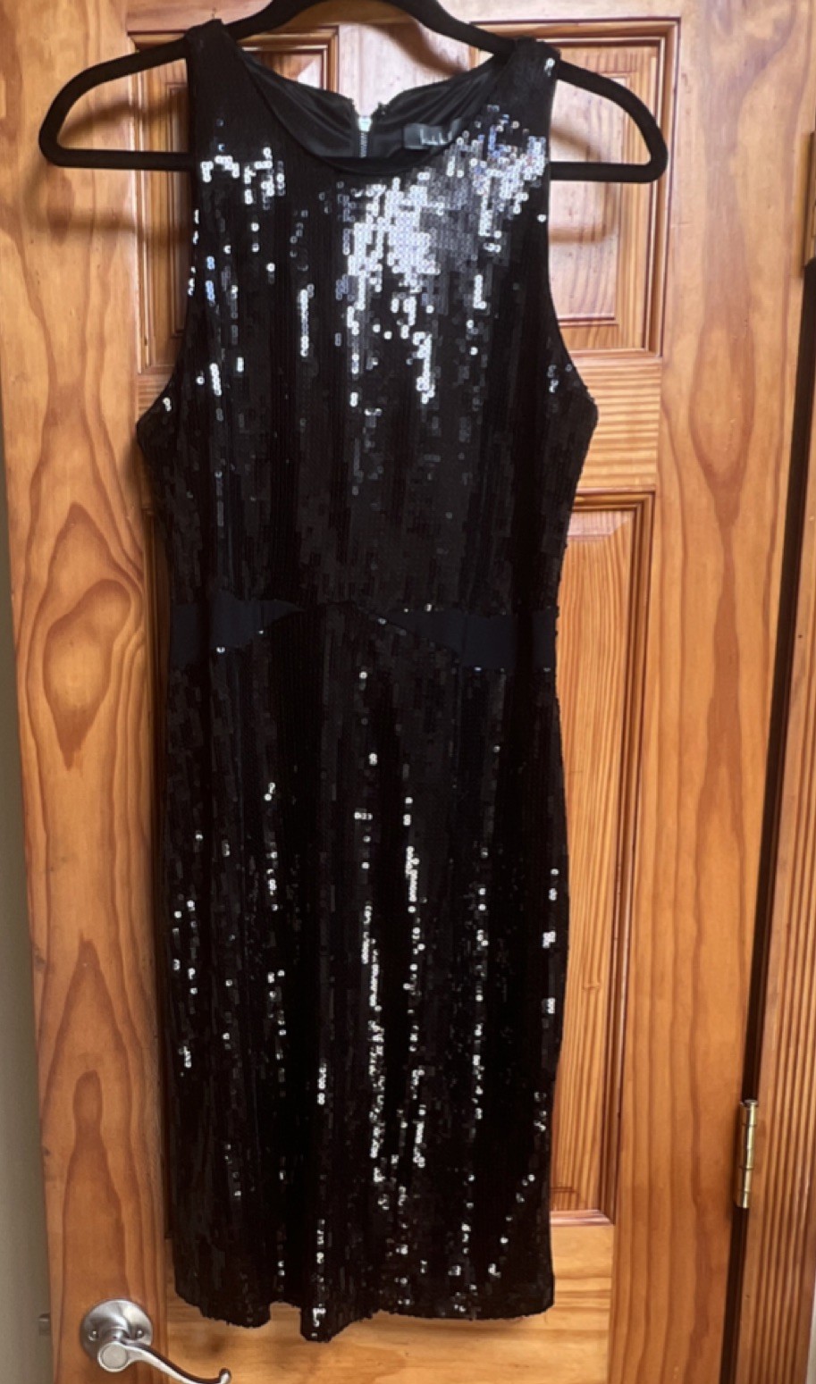 Nicole Miller Very Black Sequin Sheath Dress Round Neck Sleeveless Knee 14