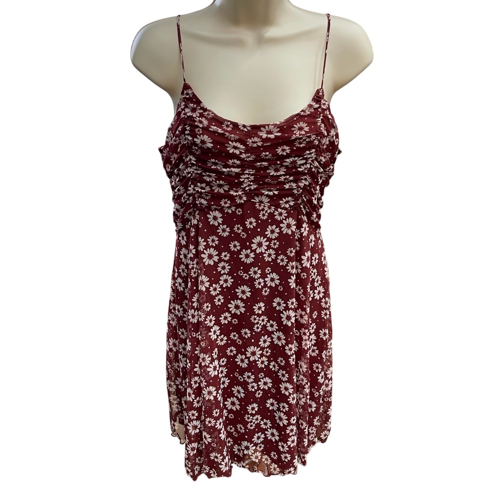 Originality Burgundy Daisy Floral Ruched Mini Dress Womens Medium Made in USA