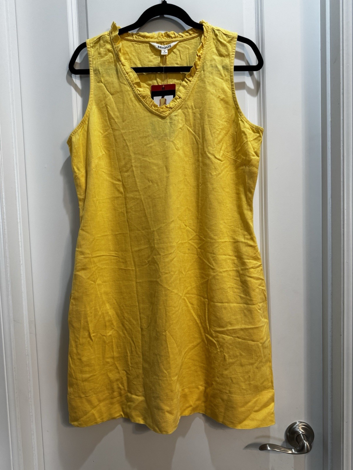 NWT Briggs Yellow Linen Blend V-neck Ruffled Sleeveless Dress Med Slide Pockets